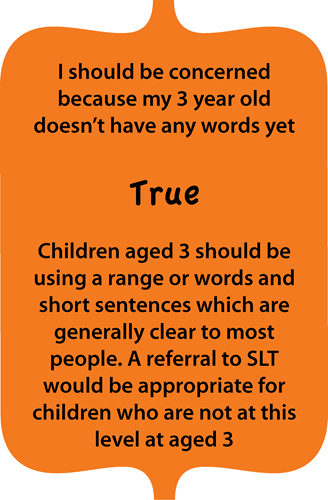 I should be concerned because my three-year-old doesn't have any words yet? True. Children age 3 should be using a range or all words and short sentences which are generally clear to most people. A referral to SLT would be appropriate for children who are not at this level at age 3.