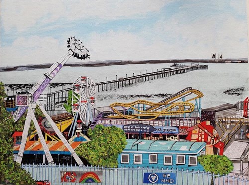 Colourful artwork of a fair ground on a beach front.