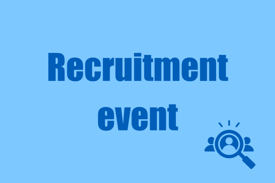 Recruitment event text on a light blue background